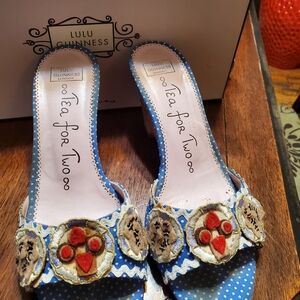 Lulu Guinness Blue Embroidered Mules